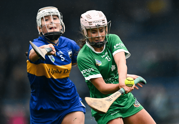 Limerick's Orlaith Kelleher in action against Caoimhe McCarthy, of Tipperary, during the Munster Senior Camogie Championship quarter-final at FBD Semple Stadium on Sunday | PICTURE: Sportsfile