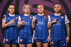 Players, from left, Laura O'Neill, Katie Lawlee, Anna Rockett and Madelyn Robbins during a Treaty United FC squad portraits session at UL