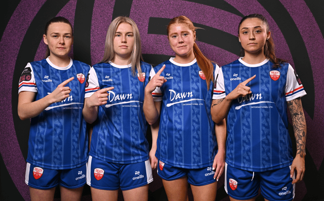 Players, from left, Laura O'Neill, Katie Lawlee, Anna Rockett and Madelyn Robbins during a Treaty United FC squad portraits session at UL