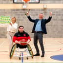 Pictured are head of corporate affairs of the National Lottery Jennifer Crowe, chair of the judging panel, Dáithí Ó Sé and Rebel Wheelers player Jack Quinn | PICTURE: Mac Innes Photography
