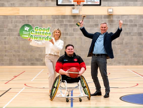 Pictured are head of corporate affairs of the National Lottery Jennifer Crowe, chair of the judging panel, Dáithí Ó Sé and Rebel Wheelers player Jack Quinn | PICTURE: Mac Innes Photography