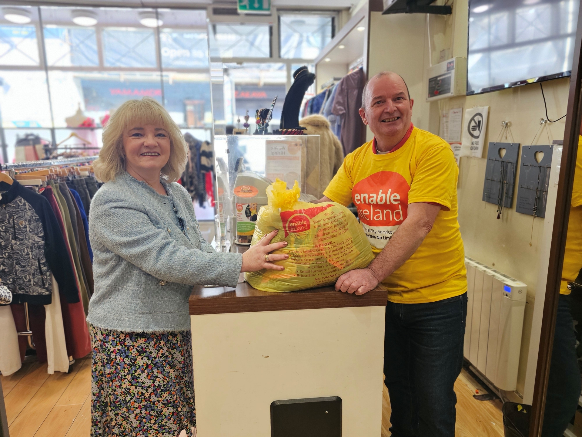 Jenny Smee, Enable Ireland shop manager, and Ken, Enable Ireland shop assistant