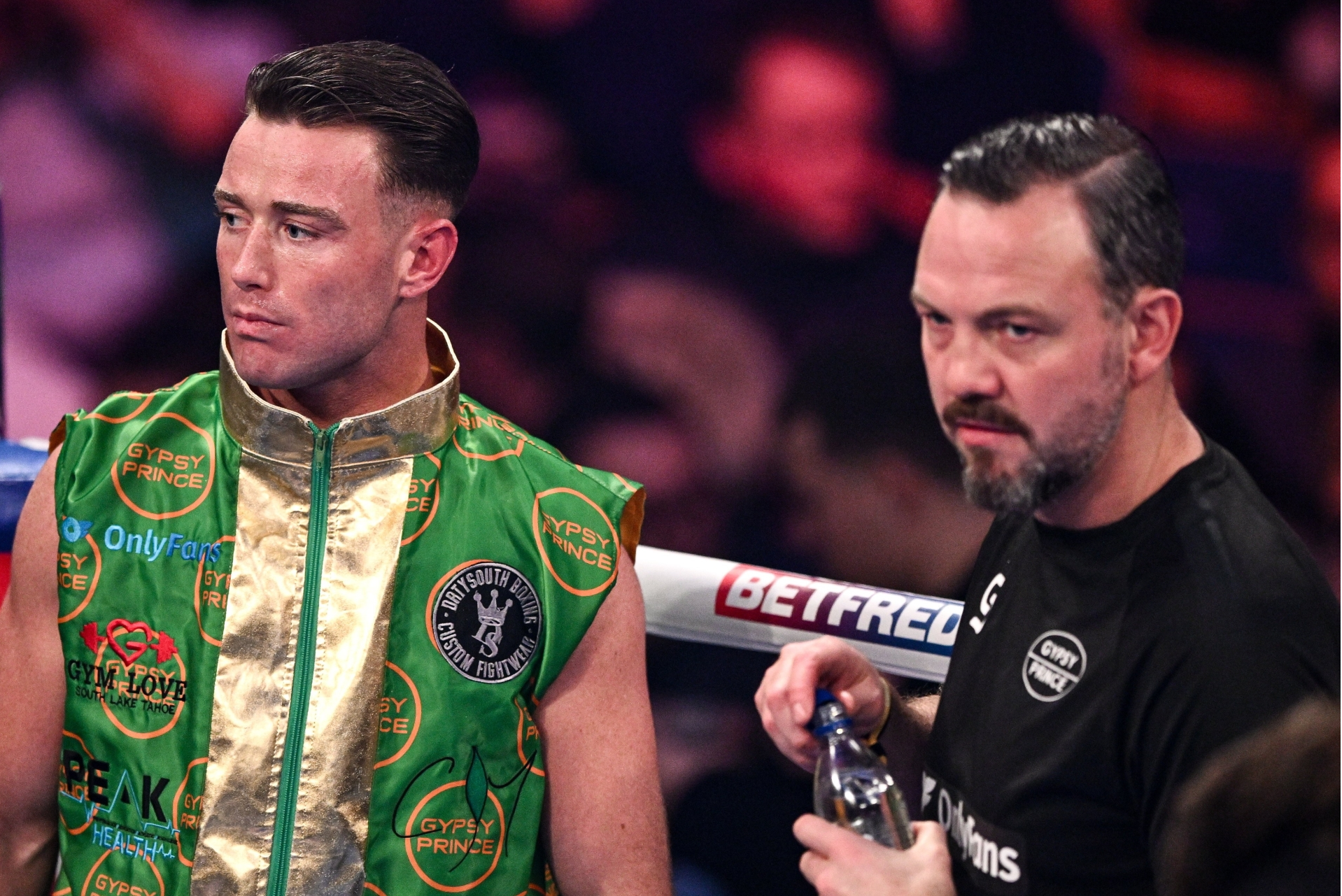 Paddy Donovan, and his trainer Andy Lee, before his welterweight bout against Williams Andres Herrera at Ulster Hall, Belfast earlier this year