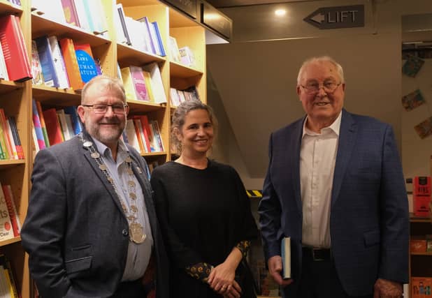 Cllr Sean Hartigan, who was deputising for the mayor, with Patsy Peril and Deirdre Nuttall at the launch of the new book entitled Swimming Upstream, in O'Mahony's Bookstore