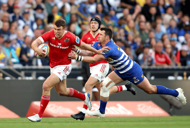 Tom Farrell, Munster is tackled by Ruhan Nel of DHL Stormers during their United Rugby Championship match at DHL Stadium in Cape Town I PICTURE: Sportsfile