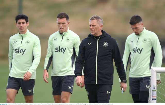 Head coach Heimir Hallgrimsson with players, from left, Callum O’Dowda, Dara O'Shea and Matt Doherty during a Republic of Ireland training session PIC: Sportsfile