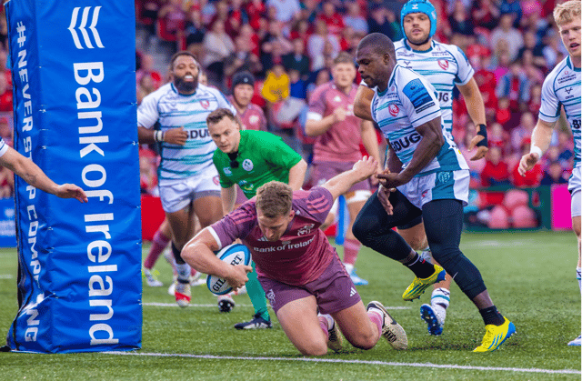 Liam Coombes going over to score Munster's opening try in Friday night's pre-season fixture with Gloucester at Virgin Media Park | PICTURE: Kieran Ryan-Benson