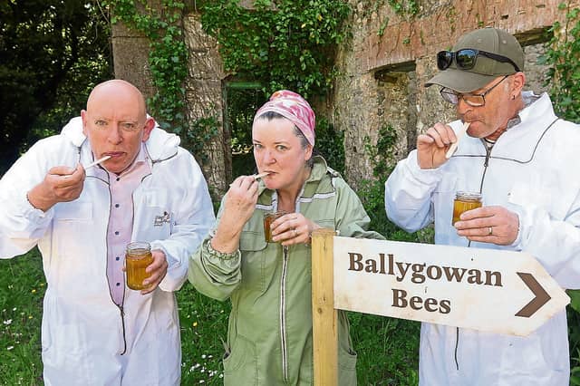 Managing director of Britvic Ireland Kevin Donnelly with Cathy Cooper, Ballygowan beekeeper and with John Greenaway, conservation area officer, National Irish Honey Bee Society