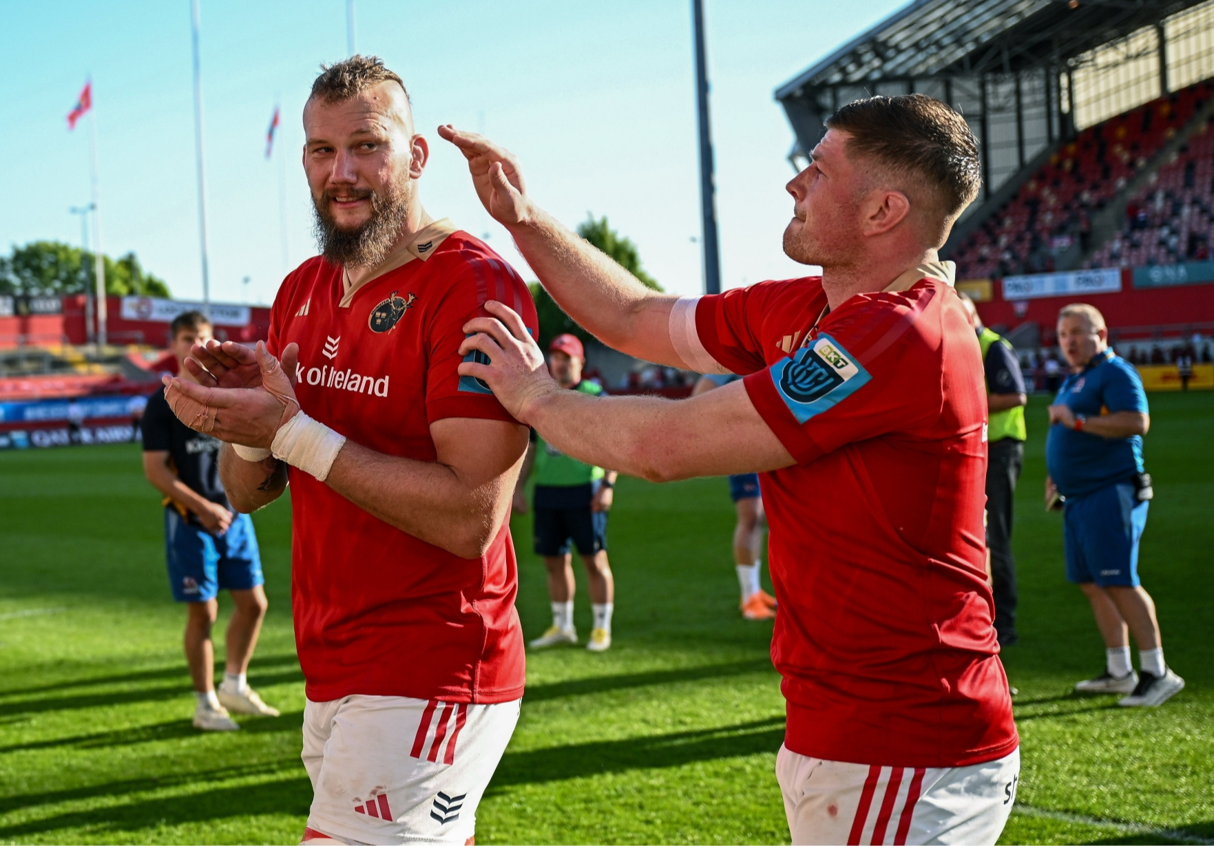 Munster players RG Snyman, left, and Jack O’Donoghue after their side's URC victory over Ulster at Thomond Park on Saturday evening | PICTURE: Sportsfile