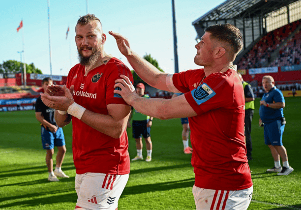 Munster players RG Snyman, left, and Jack O’Donoghue after their side's URC victory over Ulster at Thomond Park on Saturday evening | PICTURE: Sportsfile