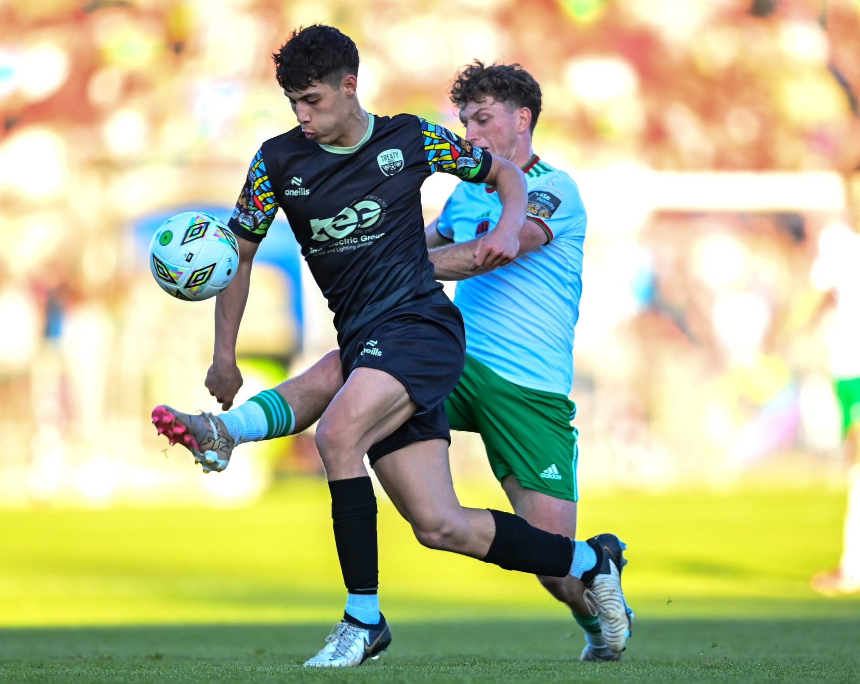 Fionn Doherty, of Treaty United, in action against Cian Bargary, of Cork City, during the SSE Airtricity League First Division fixture at Turner's Cross on Friday night