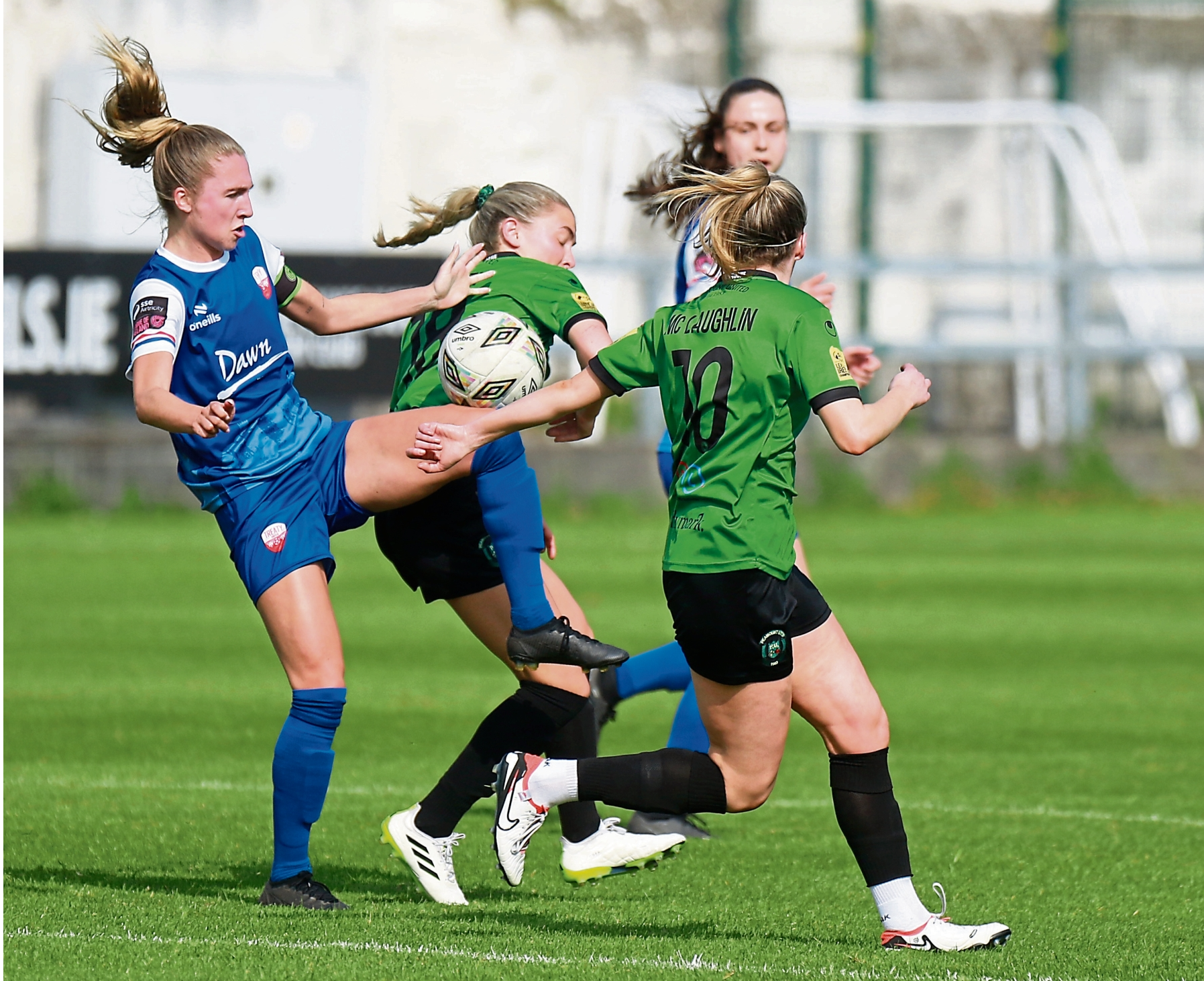 Talia White , Treaty United captain, in action against Erin McLaughlin, of Peamout United, in the  Women's Premier Division fixture at the Markets Field on Saturday | PICTURE: Brendan Gleeson