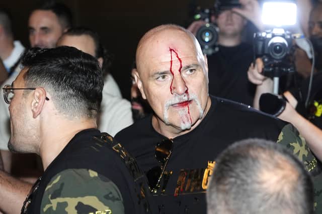 Fury’s dad John attend the ‘Grand Arrivals’ event that officially launches fight week and was on best behaviour after headbutting a member of Usyk’s entourage on Monday.
