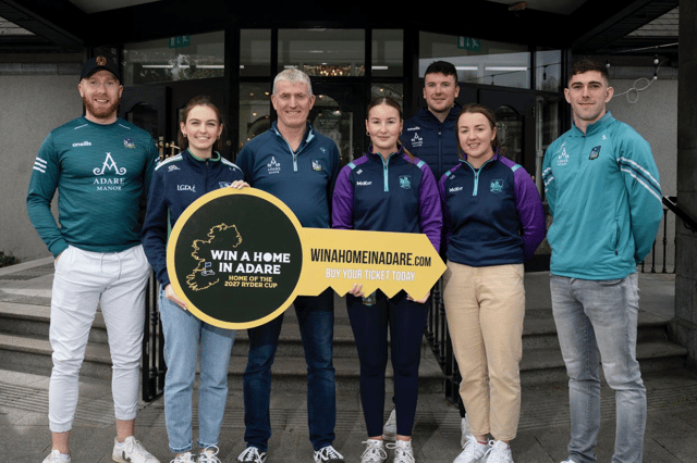 At the launch of the WinAHomeInAdare.com fundraiser were players Cian Lynch, Lauren Ryan, Nadine White, Declan Hannon, Caoimhe Costelloe and Paul Maher with John Kiely I PICTURE: Don Moloney