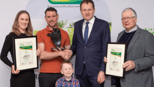 Sustainable Grassland Farmer of the Year award Patrick O’Neill pictured receiving the award from Minister Charlie McConalogue. Also pictured are Tom O’Neill, Sean O’Neill and Michelle O’Neill
