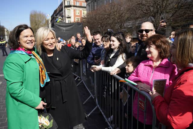 Mr Harris was seen speaking to former Irish president Mary McAleese and Ms O’Neill.