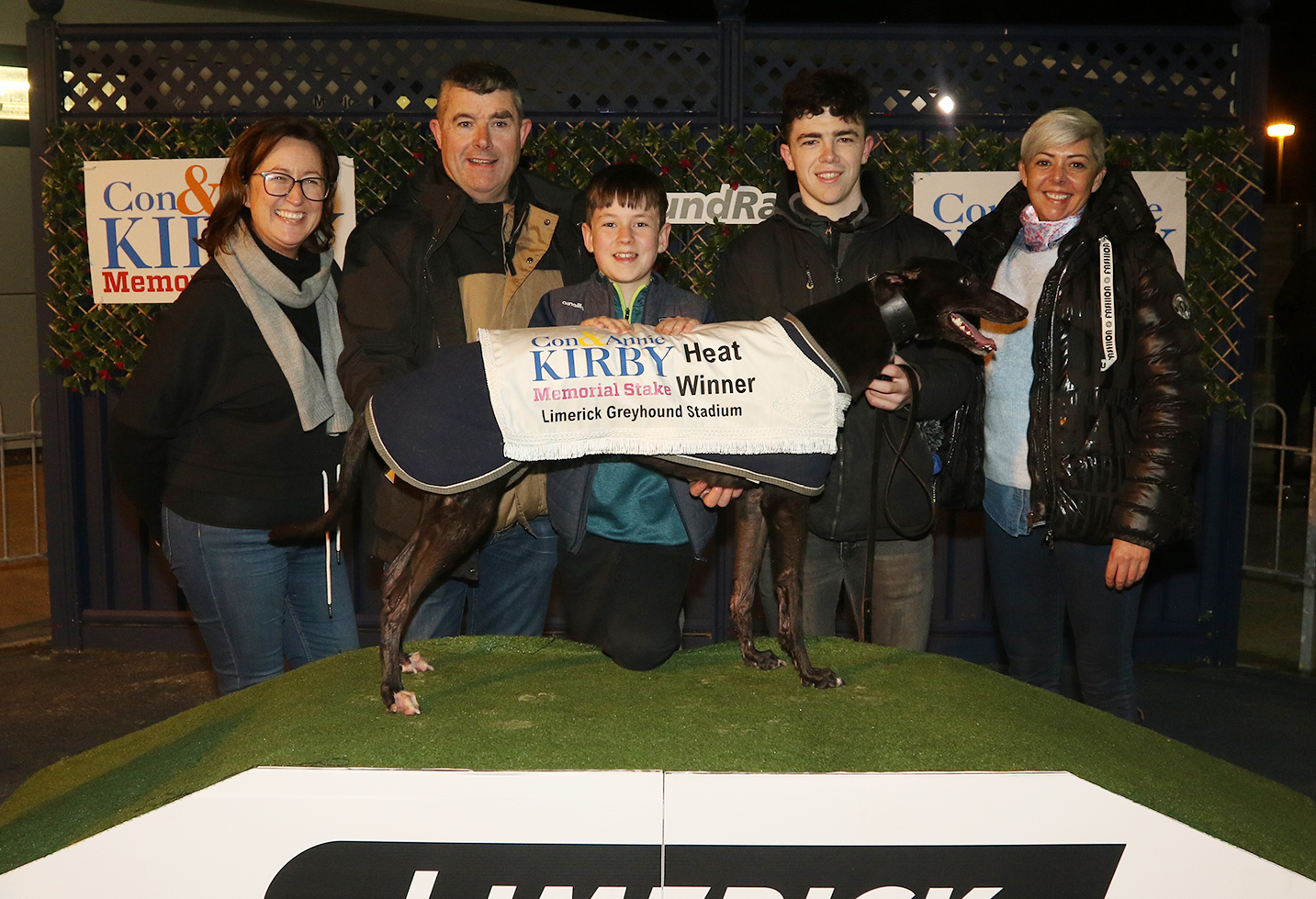 Damien and Ben Mathews with Rushy Meadows who won heat five in round one of the Con and Annie Kirby Memorial with Shirley and Saul Birdwhistle, Lisa Finnegan at Limerick | PICTURE: Brendan Gleeson