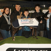 Damien and Ben Mathews with Rushy Meadows who won heat five in round one of the Con and Annie Kirby Memorial with Shirley and Saul Birdwhistle, Lisa Finnegan at Limerick | PICTURE: Brendan Gleeson