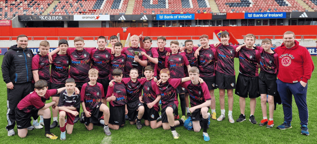 The victorious Thomond Community College squad and coaches at Thomond Park