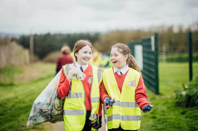 Kaleigh and Hannah of Scoil Mocheallóg in Kilmallock, last week when the Team Limerick Clean-Up took place for schools | PICTURE: Brian Arthur