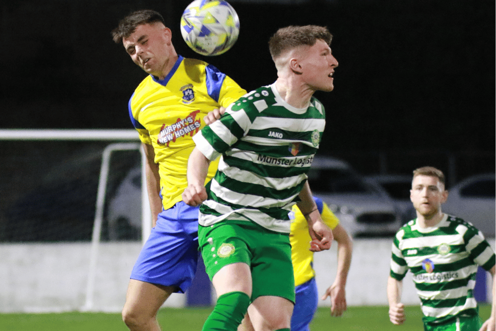 Sean Madigan, of Pike Rovers, and Blake Curran, Fairview Rangers, compete for a header during their Tuohy Cup final clash at Jackman Park | PICTURE: Brendan Gleeson