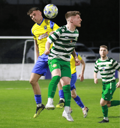 Sean Madigan, of Pike Rovers, and Blake Curran, Fairview Rangers, compete for a header during their Tuohy Cup final clash at Jackman Park | PICTURE: Brendan Gleeson