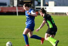 Delana Friesen in possession for Treaty United in their Women's Premier Division fixture with DLR Waves at Markets Field | PICTURE: Brendan Gleeson