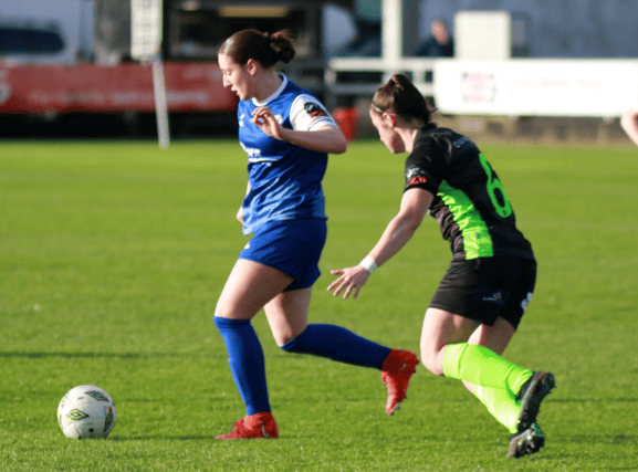 Delana Friesen in possession for Treaty United in their Women's Premier Division fixture with DLR Waves at Markets Field | PICTURE: Brendan Gleeson