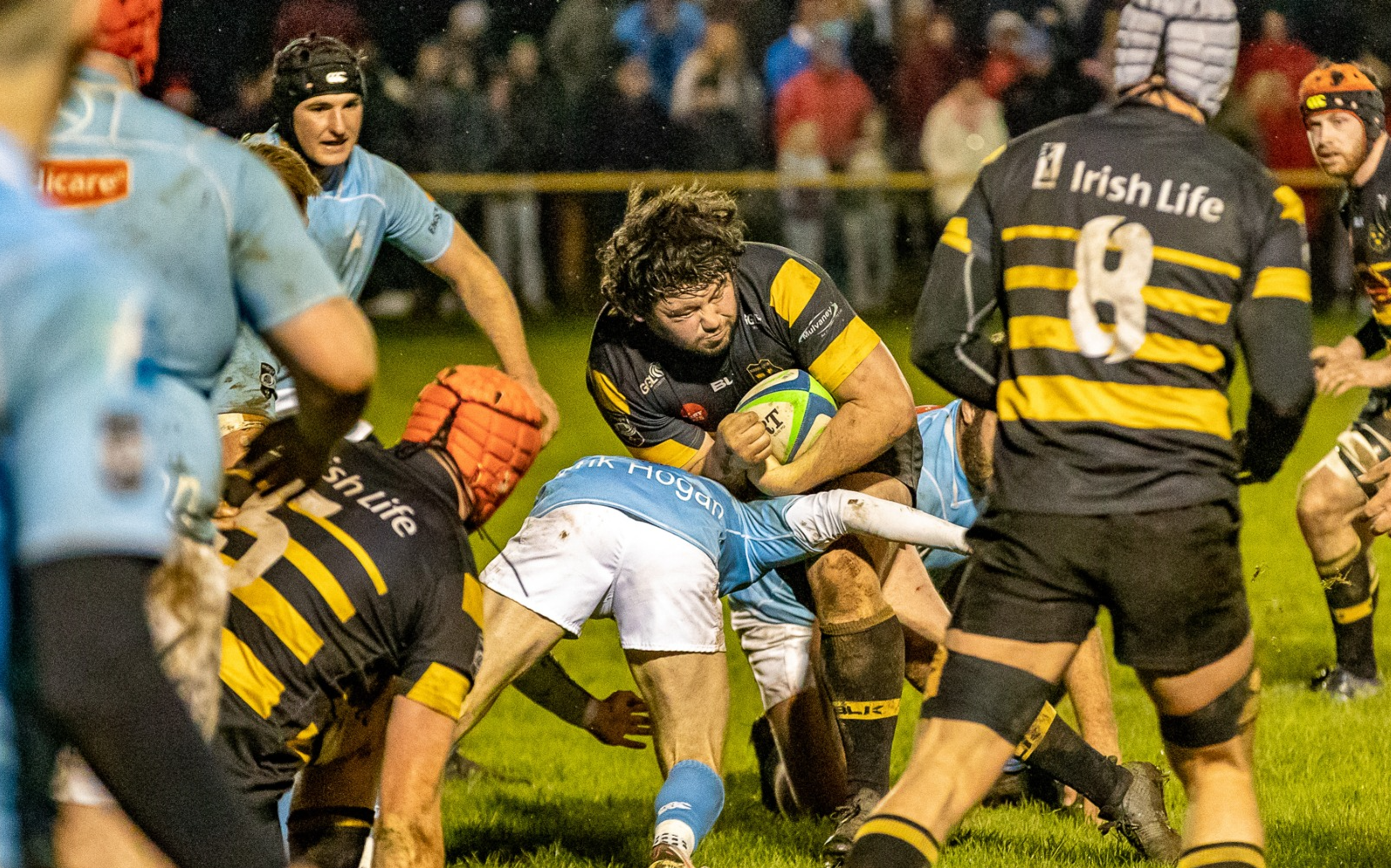 Young Munster prop Conor Bartley makes a powerful carry in their Energia All-Ireland League Division 1A derby clash with Garryowen at Clifford Park on Saturday evening Pic: Kieran Ryan-Benson
