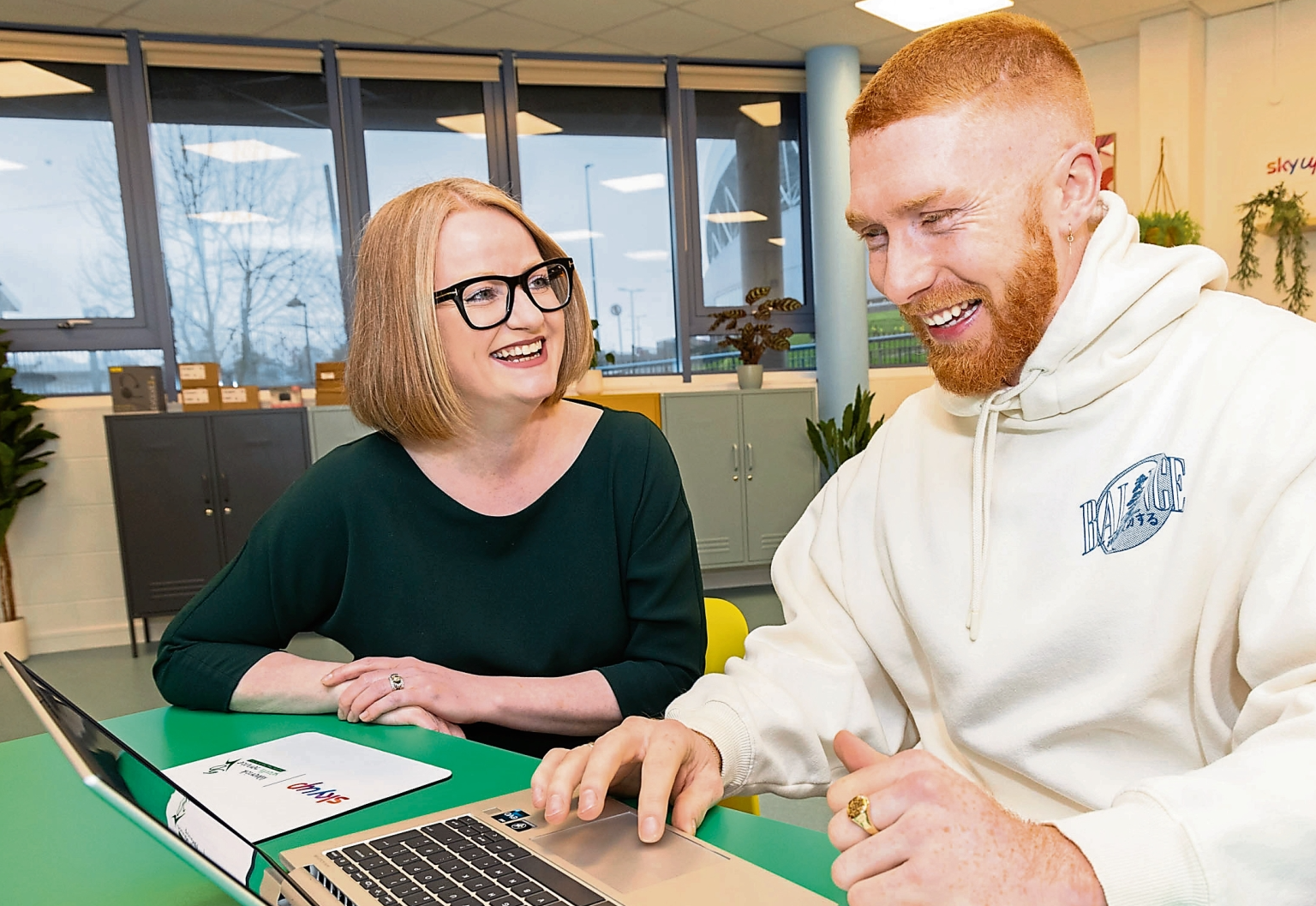 Sky Ireland legal director and Limerick native, Áine Connor with Cian Lynch in the Sky Up facility in the Limerick Youth Service