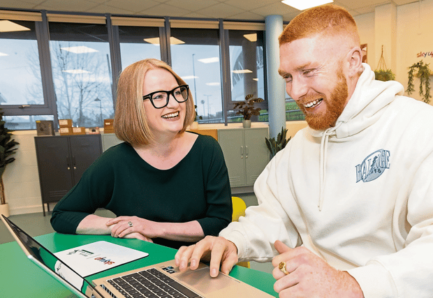 Sky Ireland legal director and Limerick native, Áine Connor with Cian Lynch in the Sky Up facility in the Limerick Youth Service