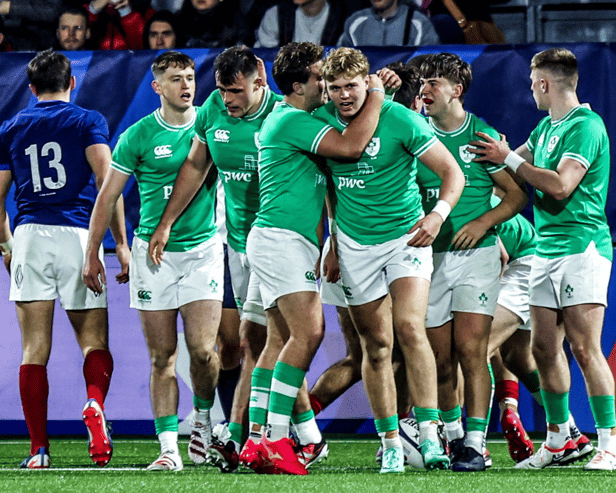 Ireland U20 players celebrate one of their tries during the Six Nations victory away to France on Saturday night last | PICTURE: Sportsfile