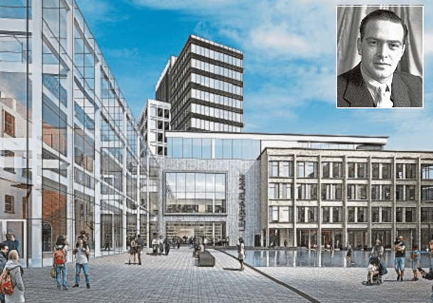 A computer-generated image of the library planned for the heart of Opera Square. Inset, former Education Minister Donogh O’Malley