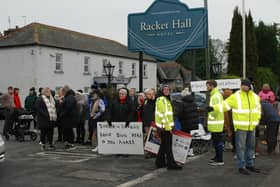 Protestors are continuing their demonstration at the Racket Hall Hotel in Roscrea. Photo: PJ Wright