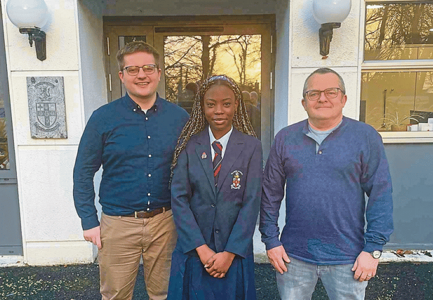 Eoghan O'Brien, teacher at Villiers; Oyindamola Oluwadiya, student; and Louis Duffy, biology teacher at Villiers will be heading to Dublin for the BT Young Scientist exhibition