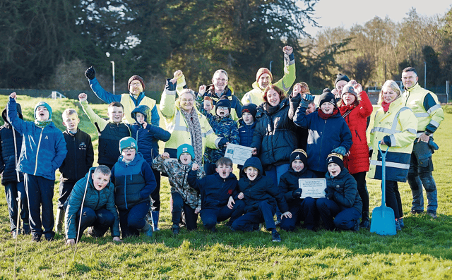 Pupils from St Mary’s Boys National School, Abbeyfeale with staff from Úisce Éireann, Green Belt Forestry, and Limerick City & County Council Picture: Eamon Ward