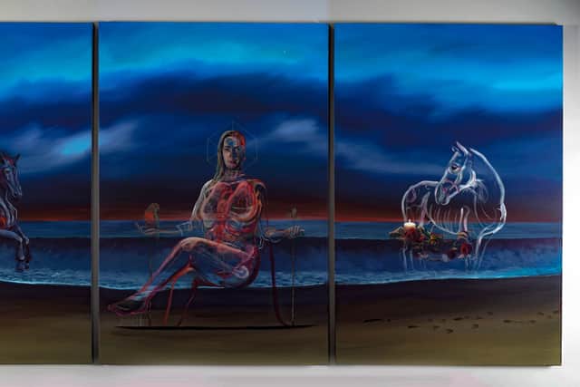 The portrait depicts the story of Vicky’s life in three panels, from her childhood through to her adult life, telling of her major traumatic events prior to her cancer diagnosis and her uncovering of the cervical check scandal in 2018 and beyond.