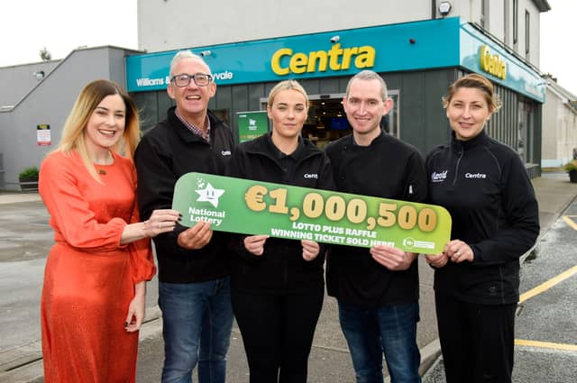 Shop owner Glyn Williams and staff members Damien Meehan, Sarah McDonnell and Sharon McCaffrey pictured with National Lottery representative Sarah Orr (left)| PICTURE: Rory Geary/Mac Innes Photography