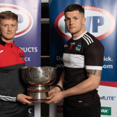 Adare's Shane Doherty and Newcastle West's Iain Corbett with the Fr Casey Cup ahead of today's SFC final. PICTURE: SkyView Photography