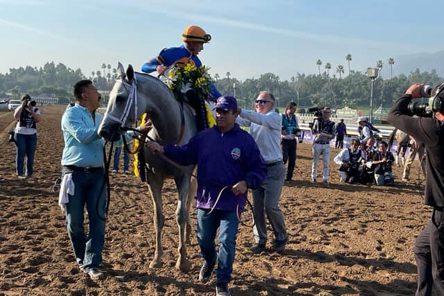 Big-race jockey Irad Ortiz Jr always had his mount hot on the tail of Bob Baffert’s Pacific Classic winner Arabian Knight and entering the stretch they looked to have the race between them.