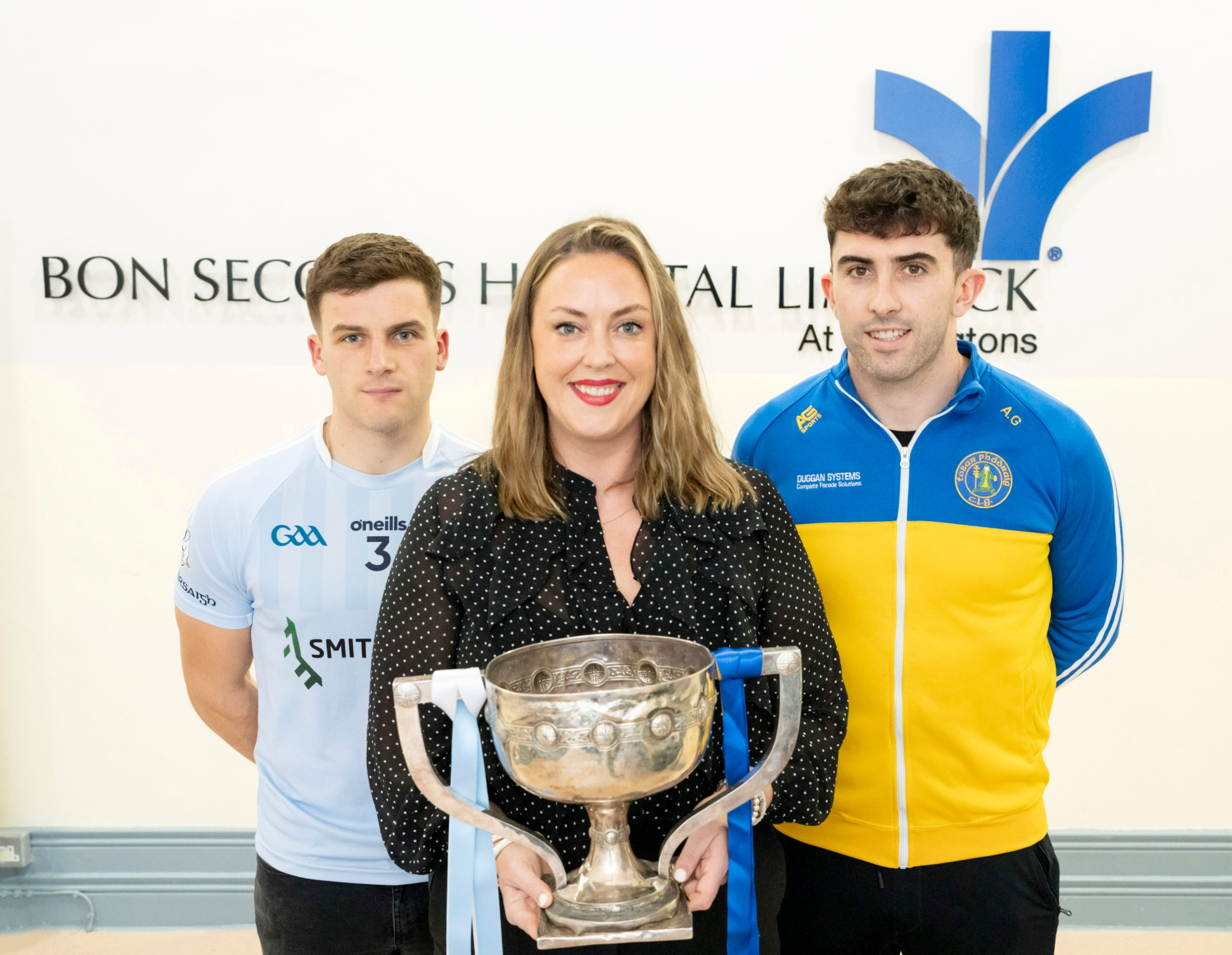 Na Piarsaigh's Mike Casey, Sarah O'Sullivan, CEO at Bon Secours Hospital Limerick and Patrickswell's Aaron Gillane at the launch of the 2023 final. PICTURE: Don Moloney