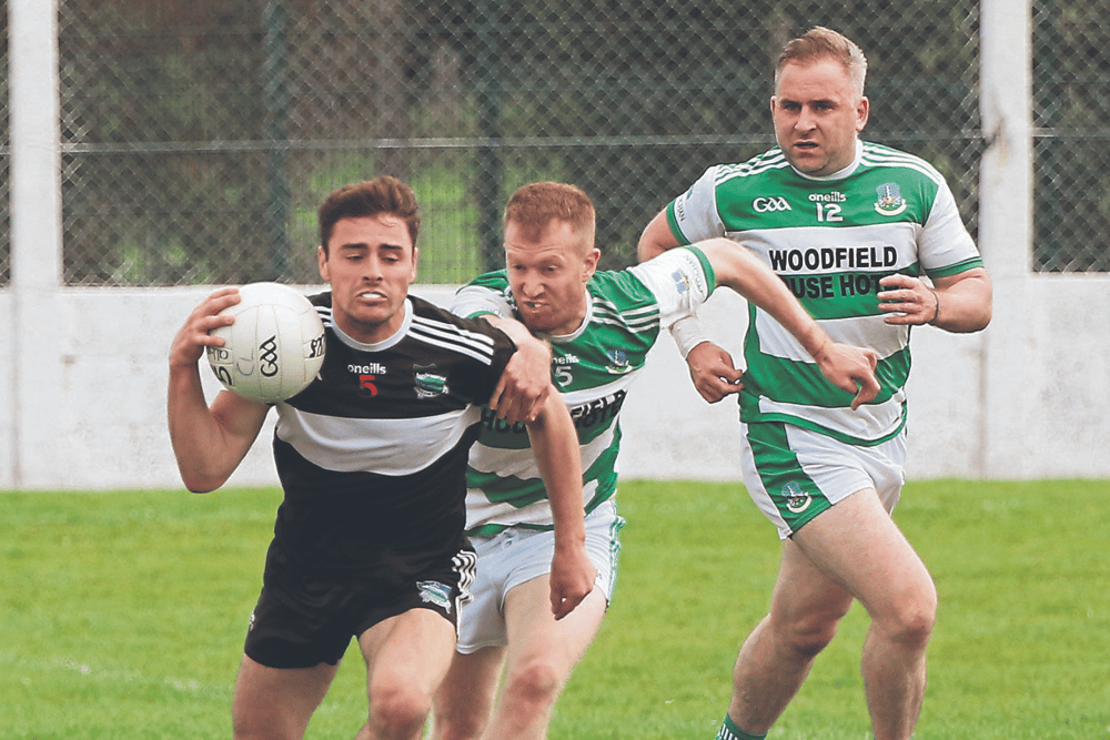 Newcastle West defender Ruadhan O'Connor in action against Claughaun in the group stages of the Limerick SFC. PICTURE: