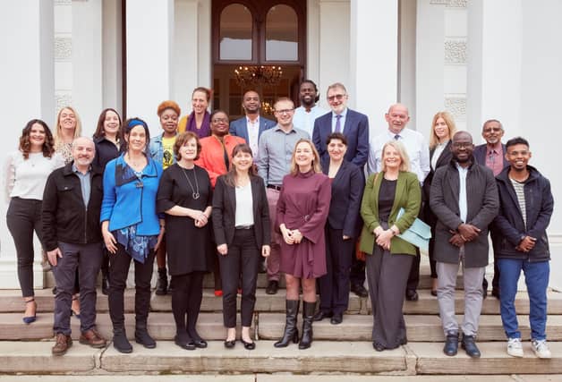 Full group of participants on the steps of Plassey House, University of Limerick. Front Row: (L to R) – Dr John Lennon (Doras) ; Prof Helen Phelan (UL) ; Prof Ailish Hannigan (UL); Prof Anne MacFarlan