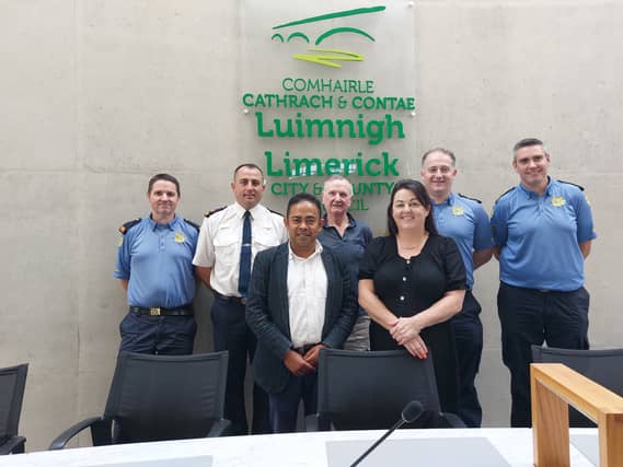 At a special meeting on anti-social behaviour in Limerick, Insp James Ruddle, Insp Andrew Lacey,Cllrs Azad Talukder, Joe Pond and Catherine Slattery plus Sgts Noel Barry and Dave Hannan