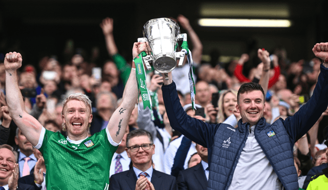Cian Lynch and Declan Hannon lift the Liam MacCarthy Cup after Limerick's nine-point win over Kilkenny. PICTURE: Sportsfile