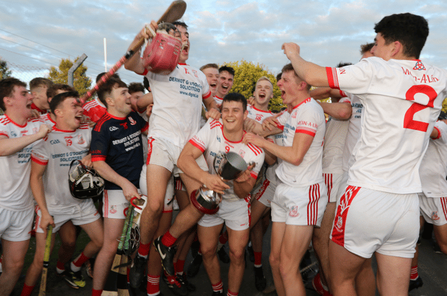 Monaleen captain Joseph Fitzgerald celebrates with teammates after winning the County Premier U19 hurling final against Mungret St Paul's. PICTURE: Sportsfile
