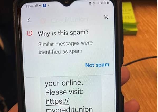 The message instructs people to visit a disguised fake credit union website link.