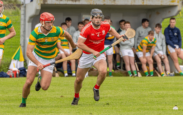 Monaleen's Ronan Lyons and South Liberties captain Barry Nash race to win possession during their Limerick SHC clash in Caherconlish. PICTURE: Kieran Ryan-Benson