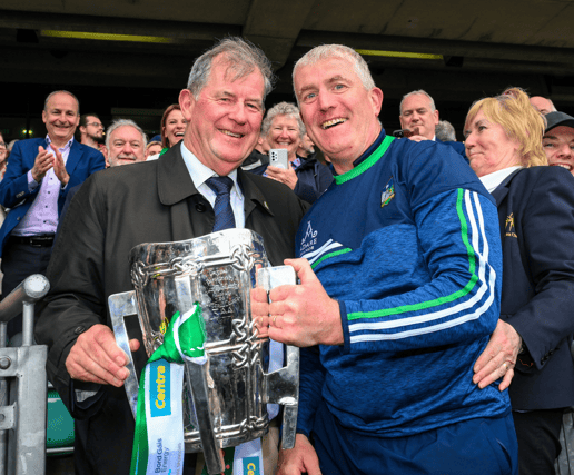 Limerick manager John Kiely with team sponsor JP McManus after their All-Ireland win over Kilkenny. PICTURE: Sportsfile
