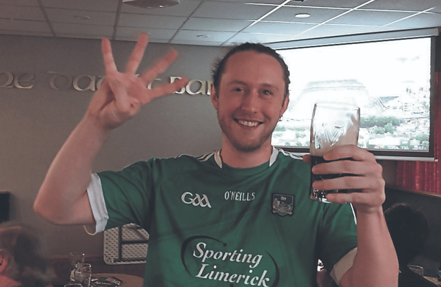 Corbally man Mark Healy shows his delight in the Leeds Irish Centre after Limerick won their fourth straight All-Ireland title
